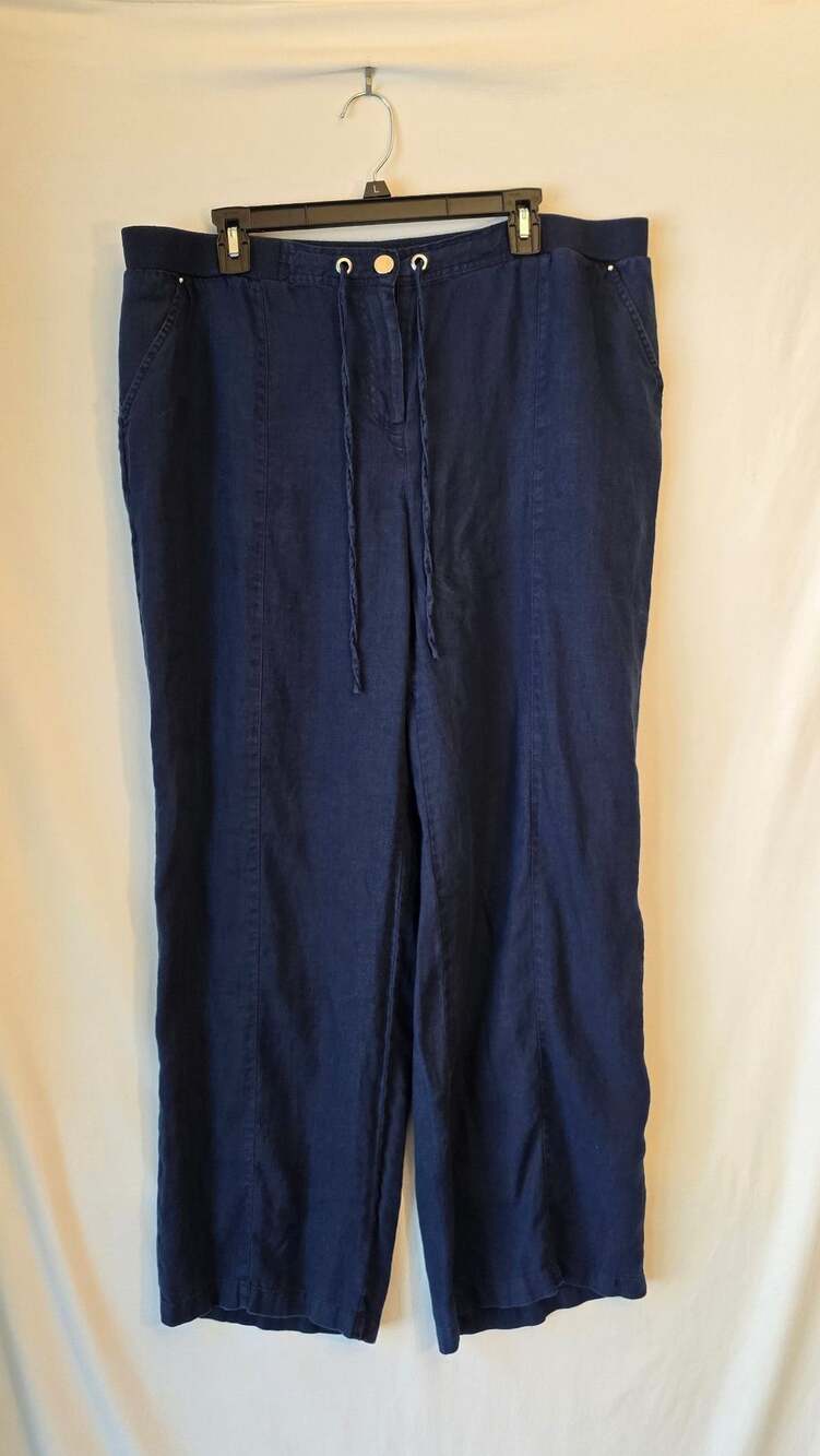 Navy Blue Linen Wide Leg Pants with faux drawstring Waist, size 18